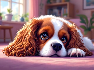 Cavalier King Charles dog resting indoors pixel art
