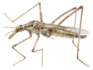 Detailed macro shot of a water strider insect with water droplets isolated on transparent background