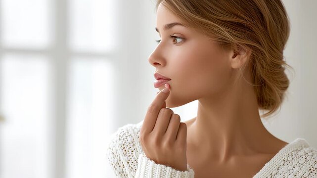 Young woman with soft features gently touching her lips, showcasing a moment of contemplation and beauty in a bright, airy indoor setting, reflecting serene self-awareness
