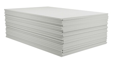 Stack of rectangular, white, flat boards seen from an oblique angle, isolated on a white background