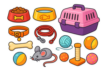 Pet shop accessories set. Cartoon vector collection for cat and dog care. Includes food bowl, water, carrier, collar, leash, bone, mouse, yarn, and scratching post toys.