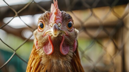 A brown chicken with a red comb and face, perched on a wire fence with a blurred green background.