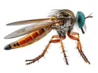 Detailed macro view of a robber fly with striking blue eyes and orange legs isolated on transparent background