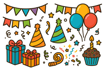 A set of colorful party and celebration elements. Vector cartoon doodle illustration. Birthday icons with gift box, balloon, cupcake, confetti, party hat and bunting flags.