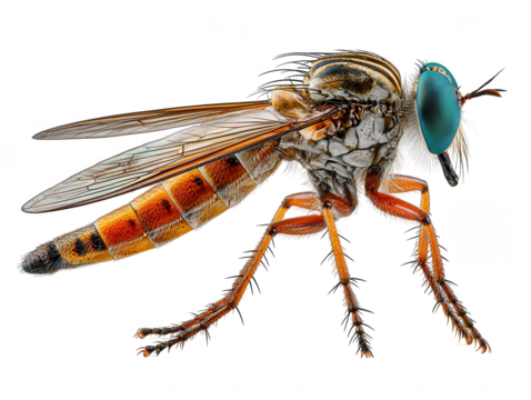 Detailed macro view of a robber fly with striking blue eyes and orange legs isolated on transparent background