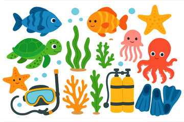Naklejka premium Colorful marine life & diving gear set. Cute cartoon vector collection of sea animals fish, turtle, octopus & snorkel equipment. Underwater ocean clip art icons for kids design.