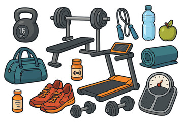 Fitness equipment set for gym workout. Vector cartoon illustration of dumbbell, barbell, treadmill, kettlebell, scales. Healthy lifestyle, bodybuilding and sport concept objects.