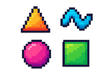 Pixel art geometric shapes collection. Colorful 8-bit retro video game assets. Vector icons set with triangle, sphere, cube and abstract wavy line for arcade game UI design.
