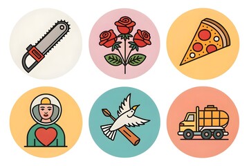 Fototapeta premium Awesome High Quality Set of Six circular icons depicting various objects and concepts symbol collection