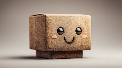 Cute cardboard box character with smiling face and legs on beige background.