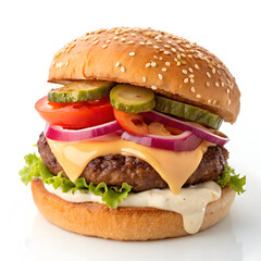 A juicy hamburger with melted cheese lettuce tomato onion and pickles on a sesame seed bun beef
