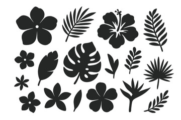 Tropical flower and leaf silhouette set. Vector collection of exotic floral elements. Hibiscus, plumeria, monstera and palm leaf icons for summer jungle design concepts.