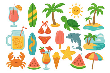Summer beach vacation icon set. Cute cartoon vector collection with tropical elements like palm tree, surfboard, sun, turtle, crab, cocktail. Isolated travel holiday clip art.