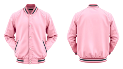 Pink baseball bomber varsity jacket in front and back view, mockup isolated on transparent background
