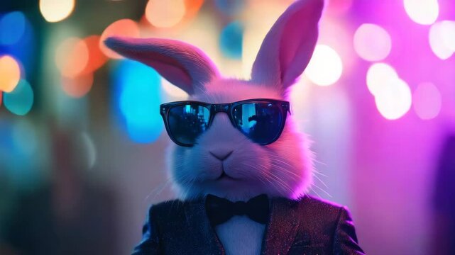cool easter bunny with sunglasses on disco background animation