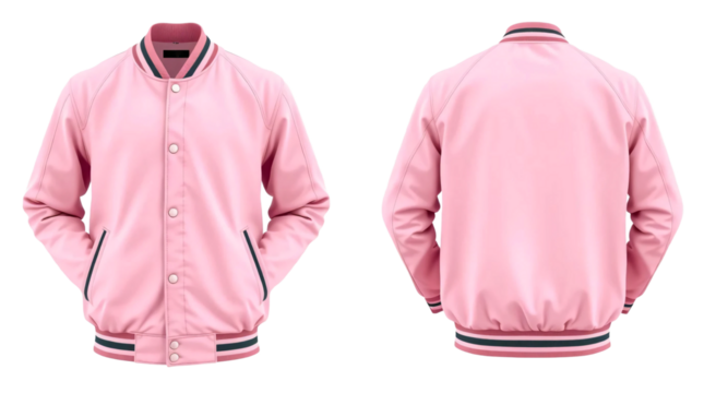 Pink baseball bomber varsity jacket in front and back view, mockup isolated on transparent background