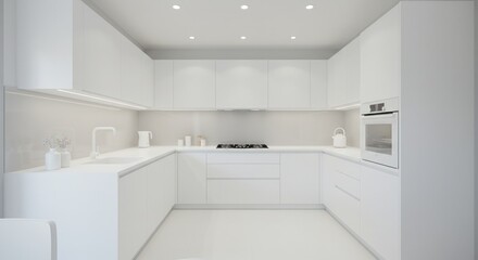 Minimalist bright white kitchen with sleek cabinets, clean lines, and recessed lighting creates a seamless, pristine look
