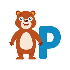 Playful Bear Character with Big Alphabet P, Cute Children Book Illustration, Fun Learning, Kids Educational Alphabet, Cartoon Vector Art