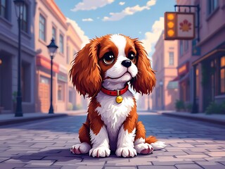 Ruby white spaniel sitting on cobblestone street cavalier king charles spaniel