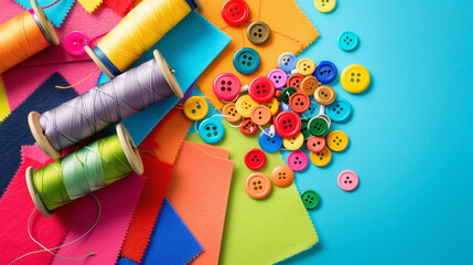 Colorful craft supplies thread buttons arranged for a creative sewing project on a bright background. Brightly colored felt sheets and spools of thread are organized with buttons ready for crafting ac