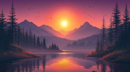 Serene mountain lake at sunset.