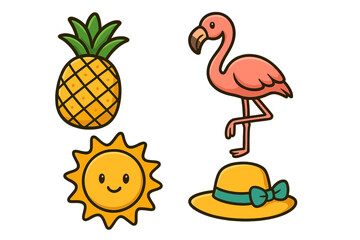 Tropical summer vector cartoon icons set. Pineapple, flamingo, smiling sun, and beach hat in playful illustration. Fun vacation design for holiday, travel, party, exotic, and leisure themes.