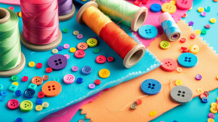 Colorful craft supplies thread buttons arranged for a creative sewing project on a bright background. Brightly colored felt sheets and spools of thread are organized with buttons ready for crafting ac
