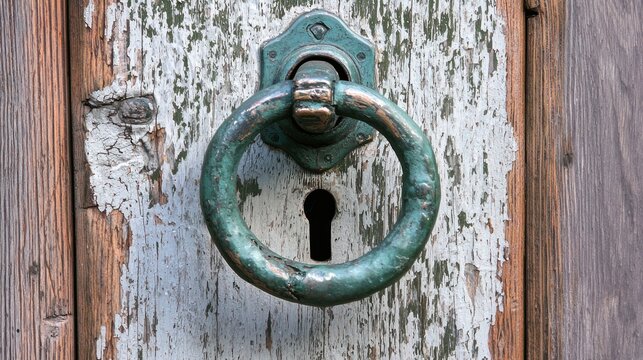 An old, weathered wooden door with a metal knocker and keyhole, featuring a green and a rusted metal ring, set against a weathered,