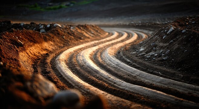 Dirt path curves through dark earth