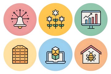 Awesome High Quality Set of Six flat design icons with colored circular backgrounds bell flower