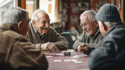 A group of elderly men are playing cards together and smiling at each other around a wooden table