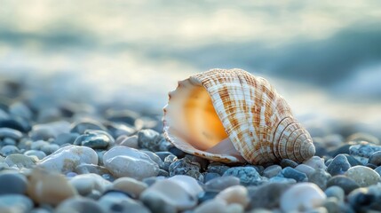 A seashell with a golden hue, lying on a pebble beach with a blurred ocean background.