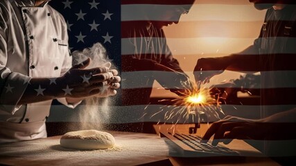 American flag waving with patriotic symbols and fireworks celebrating national holiday and independence in USA - Powered by Adobe