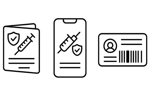 Outline vector icon set of vaccination record keeping, immunization card, digital health app screen with ID barcode, medical vaccination tracking, health data management concept