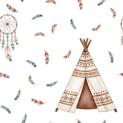 Indian teepee, dreamcatcher and feathers on a white background. Hand drawn vector seamless pattern, perfect for baby shower, nursery decor, fabrics, paper. © SunwArt