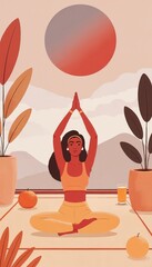 Woman meditating Minimalist Wellness Lifestyle Illustration of Yoga, Meditation, and Light Exercise in Serene Modern Setting