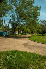 A rustic, unpaved road with tall grass and weeds in the foreground, showing a dirt path leading past several small, colorful sheds and surrounded by mature green trees on a bright summer afternoon.