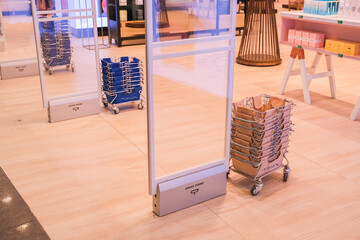 Security gate at store entrance with shopping baskets on wheels. Retail anti-theft system. Shop...