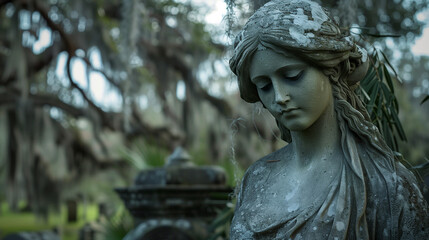 Weathered statue of a young woman, draped in a clothe, marking a grave in old southern US cemetery; with live oak trees covered in Spanish moss in the background.