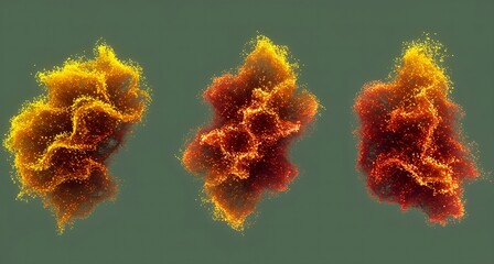 ​An abstract image showing three cloud-like forms made of glowing particles. Each form is a mix of red, orange, and yellow hues, with a spidery network of brighter lines within. The background is a fl