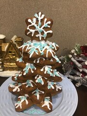 Homemade Christmas Tree Gingerbread Cookies with Icing Decoration