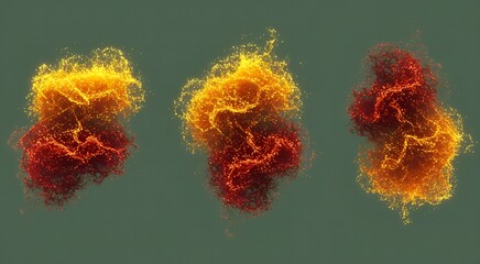 ​An abstract image showing three cloud-like forms made of glowing particles. Each form is a mix of red, orange, and yellow hues, with a spidery network of brighter lines within. The background is a fl