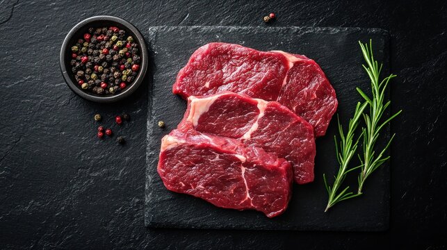 Three raw beef steaks on a black stone slab with a bowl of peppercorns and a sprig of rosemary. - Powered by Adobe