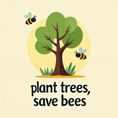 Obraz premium Minimalist illustration promotes planting trees to save bees, protect environment. Features stylized tree, flying bees, green grass, yellow circle background. Simple graphic design conveys ecological