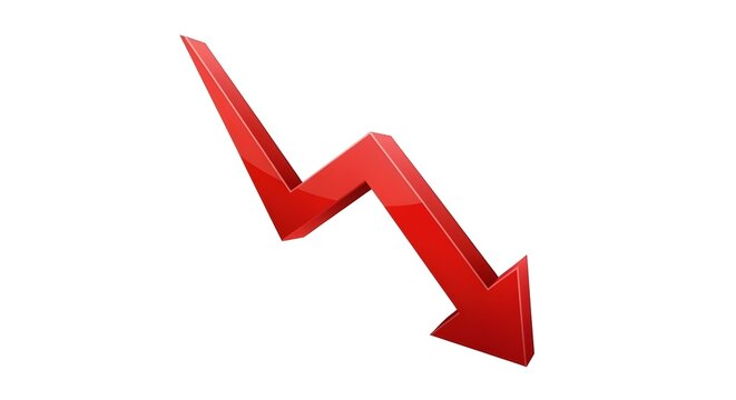 A glossy red arrow pointing downwards on a white background indicating decline or negative trend indicator