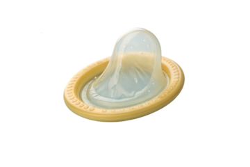 Single latex condom with lubricant, clear material, rolled edge, contraceptive protection device, isolated on a transparent background
