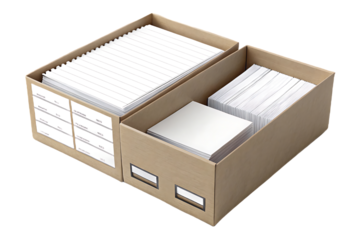 Two cardboard file boxes with organized white documents, papers, filing system for office storage, isolated on a transparent background