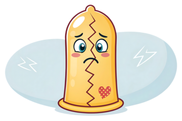 Cartoon broken condom with sad face, cracks, heart patch, lightning bolts around it, isolated on a transparent background