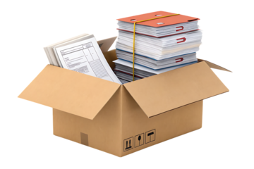Cardboard shipping box with papers, folders, rubber band bundle, official documents ready for transport, isolated on a transparent background