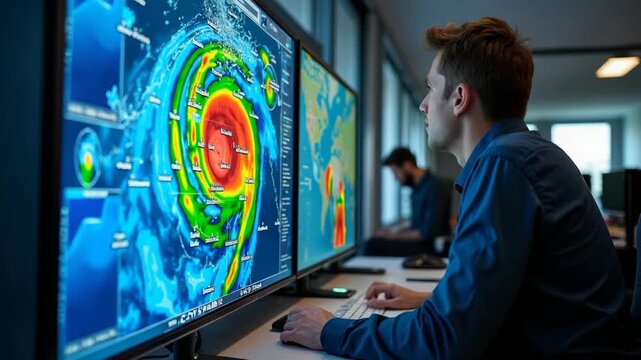 A meteorologist intensely examines real-time hurricane data on multiple computer screens in a modern office setting. Weather analysis and forecasting are crucial for timely alerts.